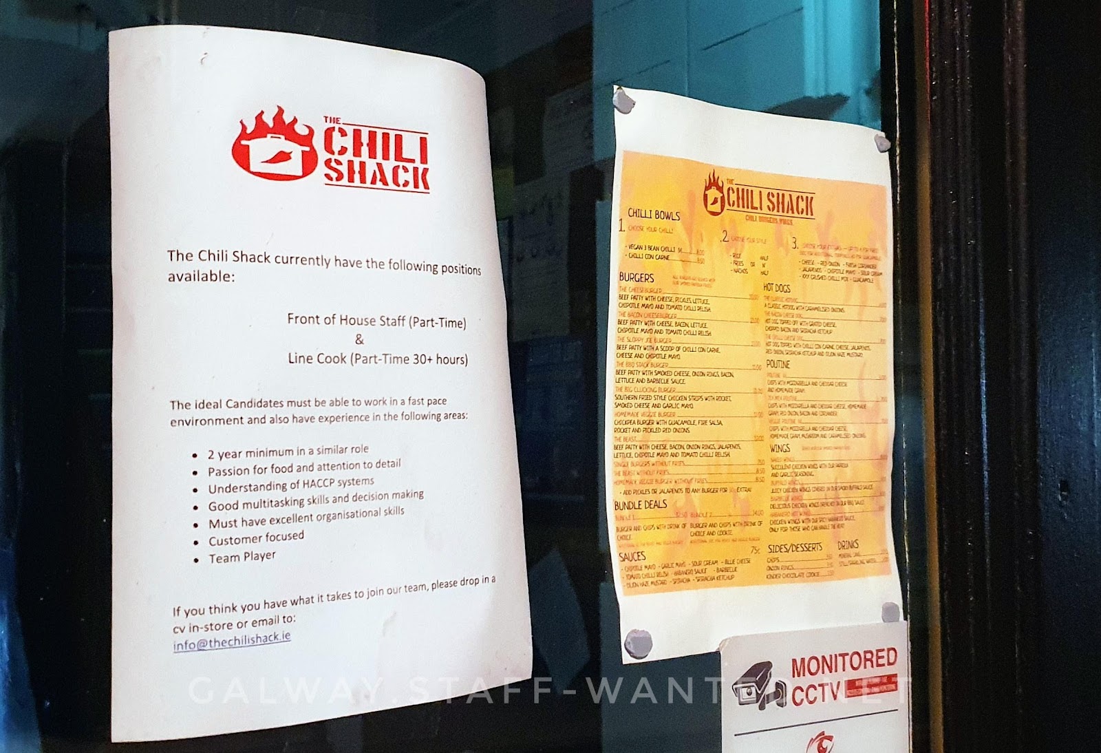 Picture of a staff-wanted sign and the menu at Chili Shack restaurant in Galway city