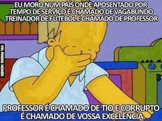 Ilustração. Homer Simpson com camiseta branca está sentado na cozinha com a cabeça baixa, a mão direita apoia a cabeça tapando os olhos e a esquerda está sobre o tampo da mesa azul. No topo lê-se: Eu moro num país onde aposentado por tempo de serviço é chamado de vagabundo, treinador de futebol é chamado de professor. E no rodapé continua: Professor é chamado de tio e corrupto é chamado de vossa excelência. 