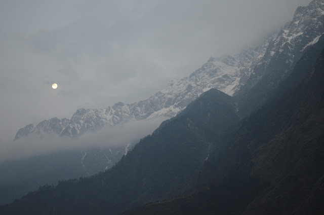 Moonlit Morning, Snow capped mountains, Lachung, North Sikkim