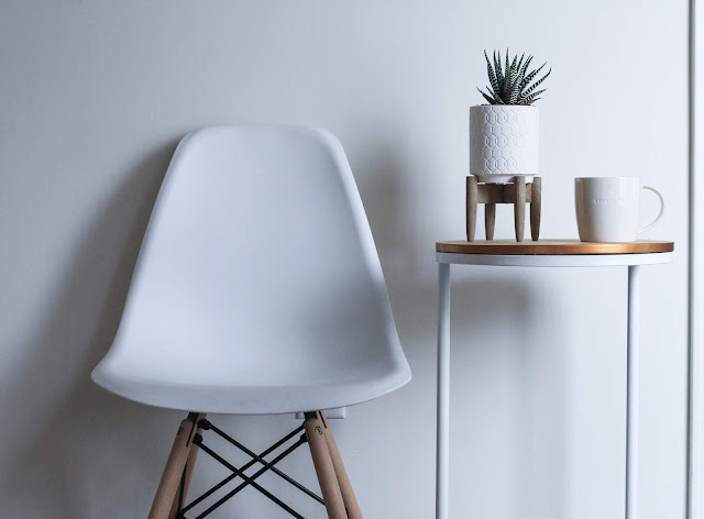 Minimalist room with white chair, coffee table and succulent plant