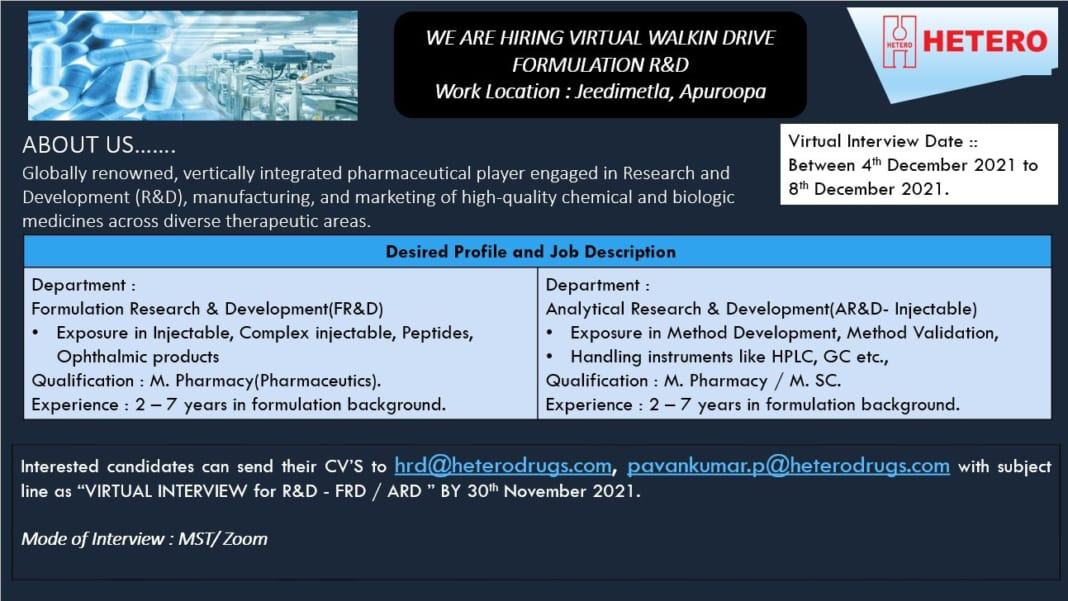 Job Availables,Hetero Job Vacancy For M.Pharm/ MSc