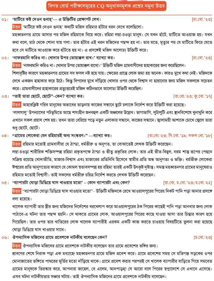 লালসালু উপন্যাস সৃজনশীল প্রশ্ন উত্তর ২০২৪ (ক+খ)