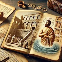 Representación académica de las ruinas del Templo de Jerusalén y la evolución del bautismo cristiano tras su destrucción, simbolizando el cambio de los rituales del Templo hacia prácticas espirituales más universales.