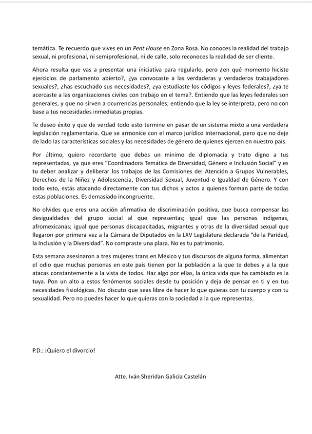 Galicia Castelán esposo de María Clemente publica carta afirmando que la diputada federal transgénero nunca ha sido trabajadora sexual