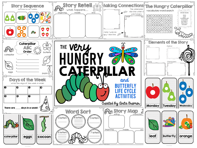 The Very Hungry Caterpillar book activities unit with literacy printables, reading companion activities, and butterfly life cycle for Kindergarten and First Grade