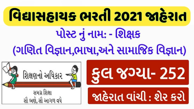 Gujarat Vidhyasahayak Bharti 2021|Apply Online Other Medium 252 Teacher Vacancies