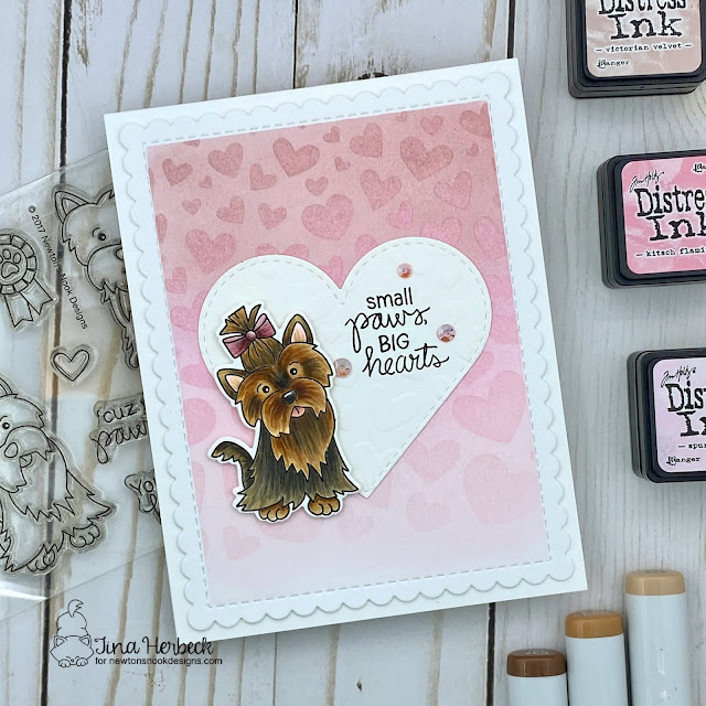 Big Hearts Dog Card by Tina Herbeck | Terrific Terriers Stamp Set, Tumbling Hearts Stencil, Heart Frames Die Set, and Frames & Flags Die Set by Newton's Nook Designs #newtonsnook