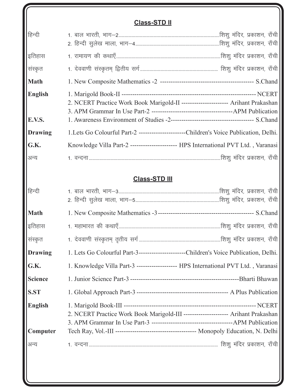 Saraswati Shishu Mandir Book list