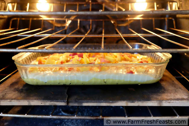 peach gooey butter cake in the oven, ready to bake