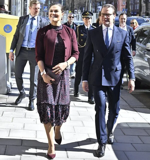 Crown Princess Victoria wore a Lysandra printed dress from By Malina, and a burgundy jacket by Filippa K