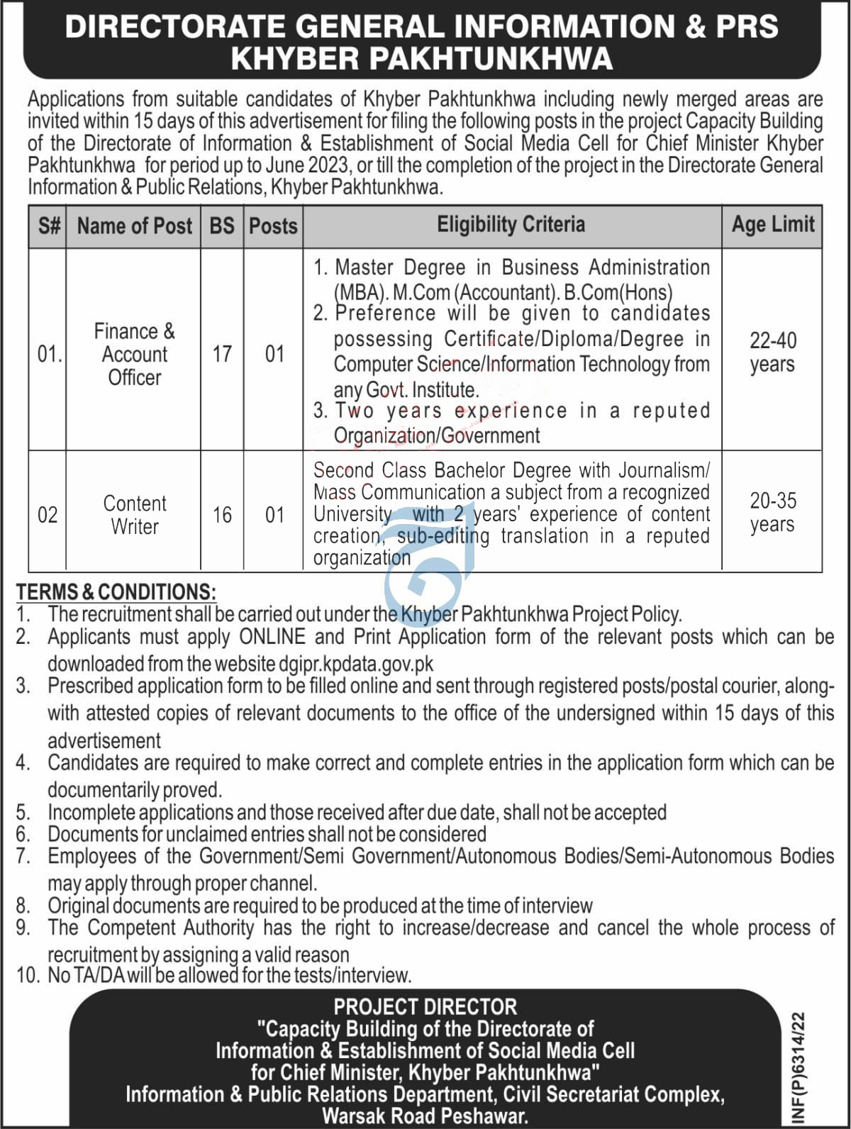 Khyber Pakhtunkhwa Government Pakistan Jobs – Information & Public Relations Department KPK Jobs 2022