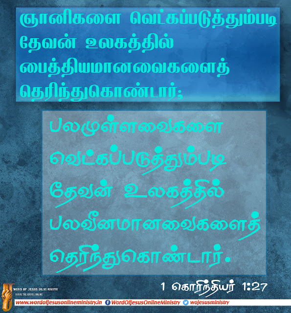 ஞானிகளை வெட்கப்படுத்தும்படி தேவன் உலகத்தில் பைத்தியமானவைகளைத் தெரிந்துகொண்டார்; பலமுள்ளவைகளை வெட்கப்படுத்தும்படி தேவன் உலகத்தில் பலவீனமானவைகளைத் தெரிந்துகொண்டார். But God hath chosen the foolish things of the world to confound the wise; and God hath chosen the weak things of the world to confound the things which are mighty;