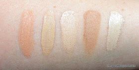 Swatches of LA Girl Pro Conceal HD Concealer in Classic Ivory, Sephora Gel Serum Concealer in Fondant, TheBalm Time Balm Concealer in Lighter than Light, Clé de Peau Beauté Concealer in Beige, and Nars Radiant Creamy Concealer in Chantilly