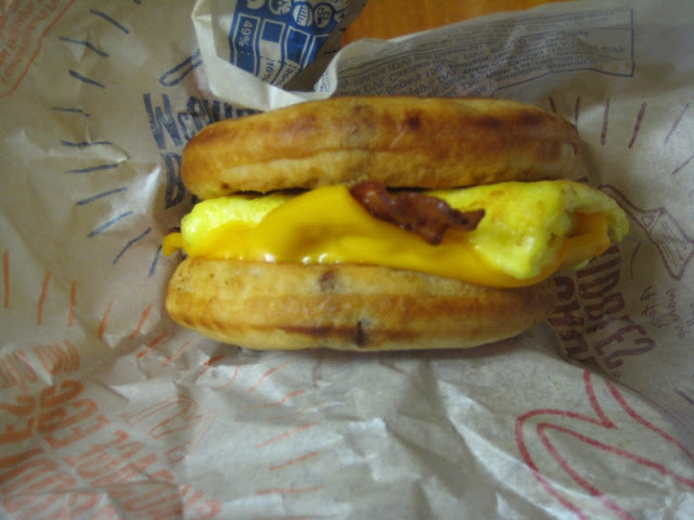 Side-view of McDonald's Bacon, Egg and Cheese McGriddles sandwich.