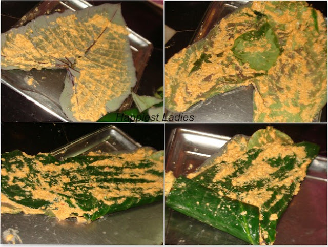 Patrode Recipe_Applying batter on leaves+vegetarian cuisine+colocasia