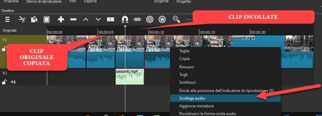 scollegare audio in una clip di shotcut