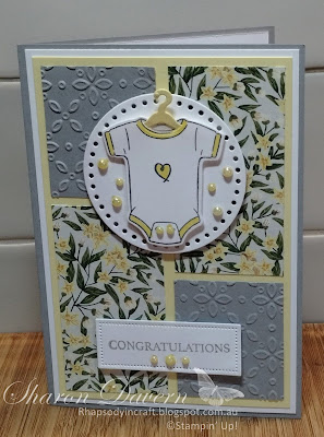 Rhapsody in craft, #rhapsodyincraft, Cutest Onesie, Lemon Lolly, Baby Card, Eyelet 3D Embossing folder, Everyday Detail Dies, Cutest Onesies Bundle, Cutest Onesies Dies, Mediterranean Blooms DSP, Stampin' Blends, Stampin' Up!, #stampinup, Art with Heart, @artwithheart, #colourcreationsbloghop, #loveitchopit