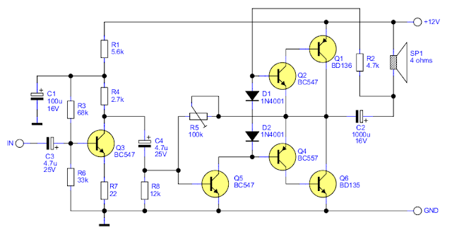 2.5 W audio amplifier with transistors schematic circuit