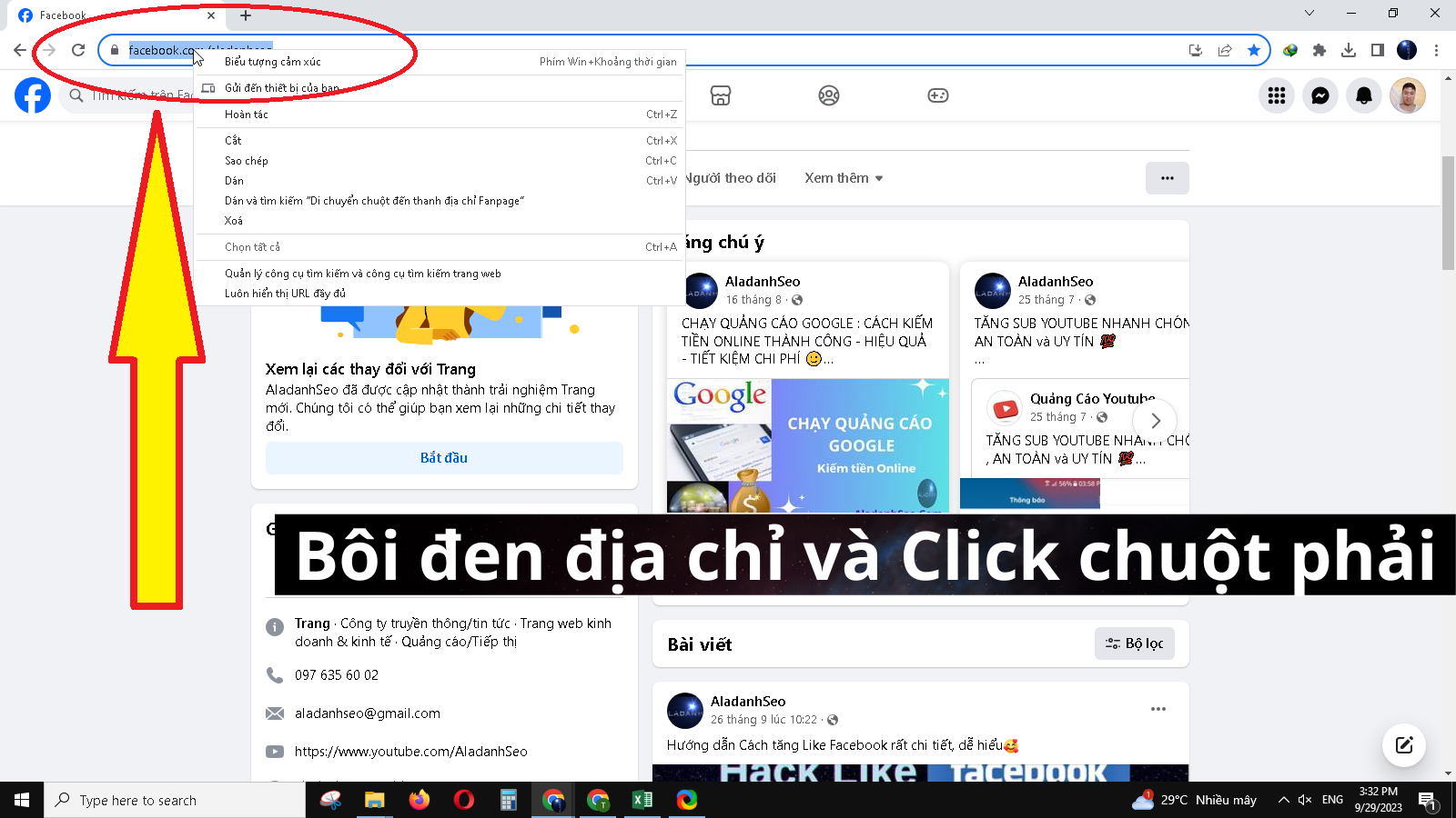 Bôi đen địa chỉ và Click chuột phải