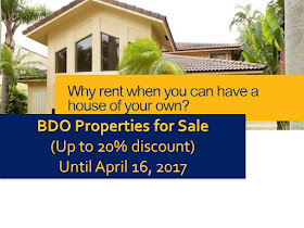 Hundreds of foreclosed properties from BDO are for sale nationwide and you can avail up to 20 percent discount. Below are the list of for sale properties until April 16, 2017. Available properties include condominium units, house and lots, vacant lots, and townhouses that you may avail through low down payment and balance will be payable within five years.