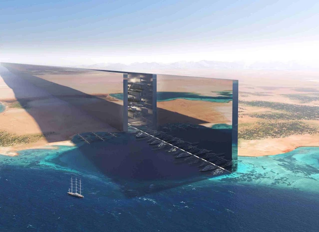 The mirrored skyscraper is designed to extend into the Red Sea. (c) Neom