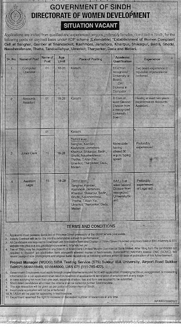 Directorate of women development govt of Sindh latest jobs - Government Jobs newspaperjobpk123:Women Development Department  Application are invited in directorate of women development govt of Sindh females are encourage to apply for their vacant post females are required who is qualified and experience and have a Sindh domicile can apply to this jobs this post is vacant of sanghar,shahdadcourt,qamber,kashmore,jamashoro,khair poor,bad in ,thatta,dado,mittry,umerkot,tharparker Women Development Department