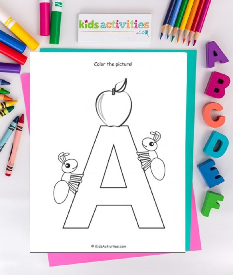 letter A colouring in sheet with ants and an apple