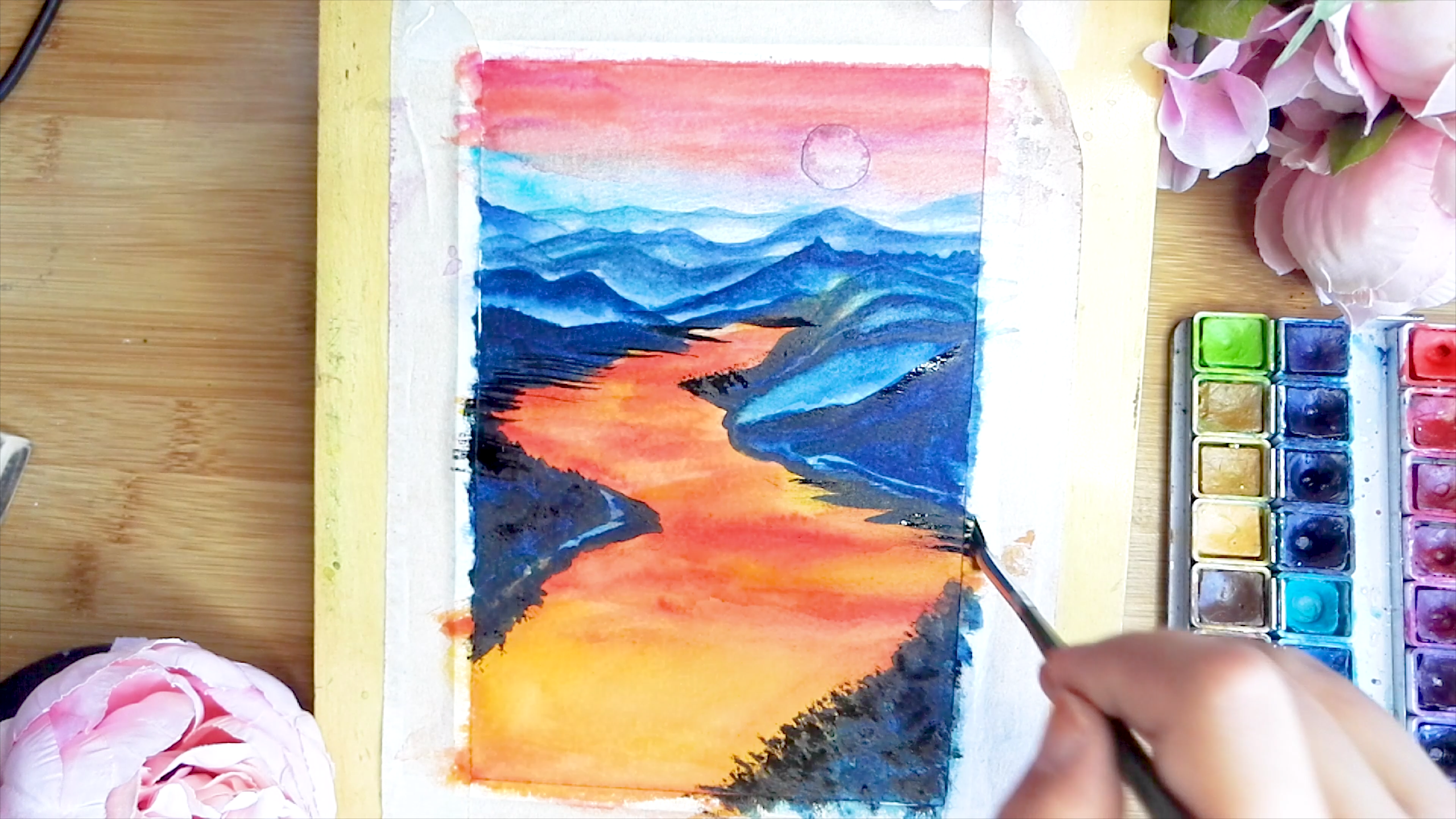 How to draw watercolor sunset river landscape tutorial