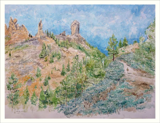 Cuadro en acuarela del Roque Nublo en Gran Canaria pintado por Rubén de Luis