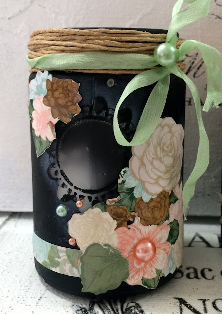 Altered bottles and jars by Solange Marques featuring BoBunny Felicity collection and Pentart chalkboard paint