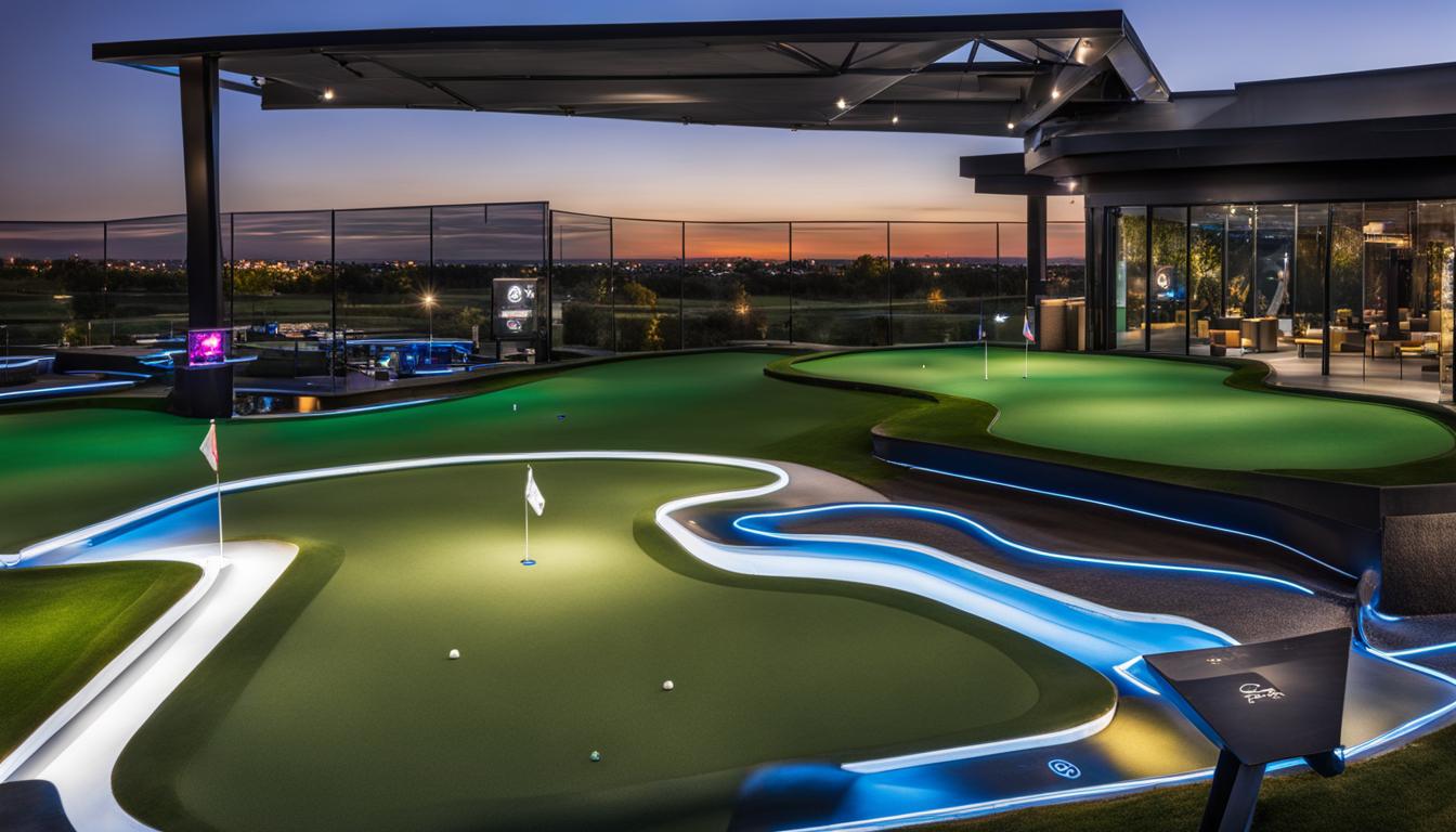 view of a bustling Topgolf location with glowing targets at dusk