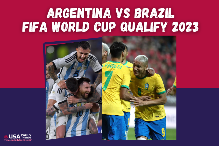 A dramatic match scene featuring the Argentina and Brazil national football teams, symbolizing the intense rivalry and high stakes of the FIFA World Cup Qualifiers.