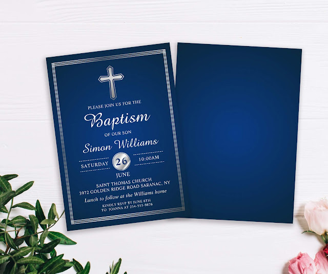  Elegant Navy Blue Silver Boy Baptism Invitation