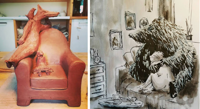 un fauteuil de Jade, sculpture de céramique, et un dessin de Gaya Wisniewski, auteur de Mon bison