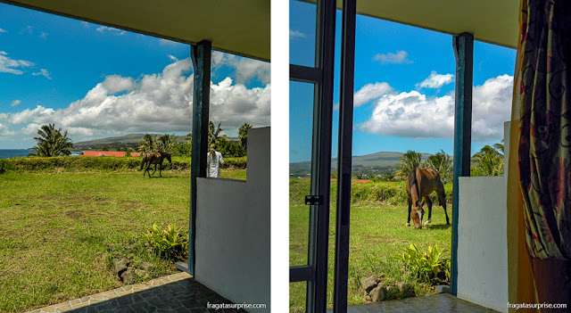 Vista da varanda do meu quarto no Tupa Hotel, Hanga Roa, Ilha de Páscoa