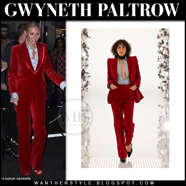 Gwyneth Paltrow in red velvet jacket and trousers