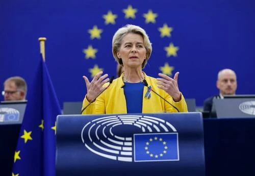 European Commission President Ursula von der Leyen speaks about Ukraine at the European Parliament in Strasbourg, eastern France, Wednesday, Sept. 14, 2022.