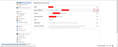Selanjutnya pada bagian Umum pilih edit di menu Nama Pengguna, untuk mengedit username atau nama pengguna Facebook