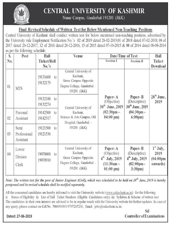 Central University of Kashmir final revised schedule of written test for various non teaching posts 2019