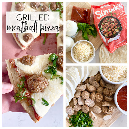 Collage of grilled meatball pizza ingredients and finished pizza.