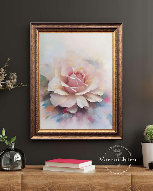 Elagant floral painting rose flower wall art in subdued colors large size high quality printable limited copies by Biju P Mathew, Varnachitra