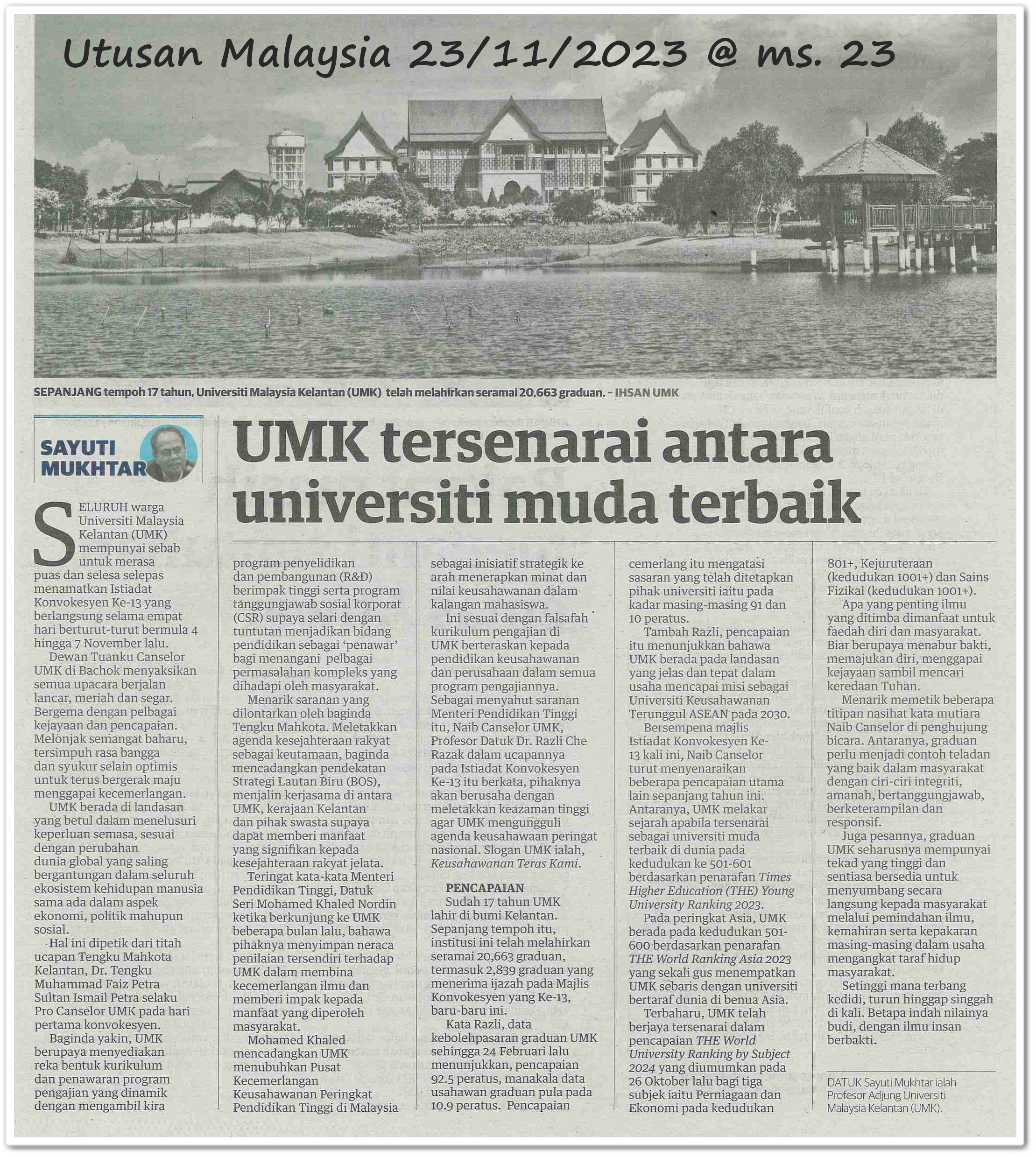 UMK tersenarai antara universiti muda terbaik - Keratan akhbar Utusan Malaysia 23 November 2023