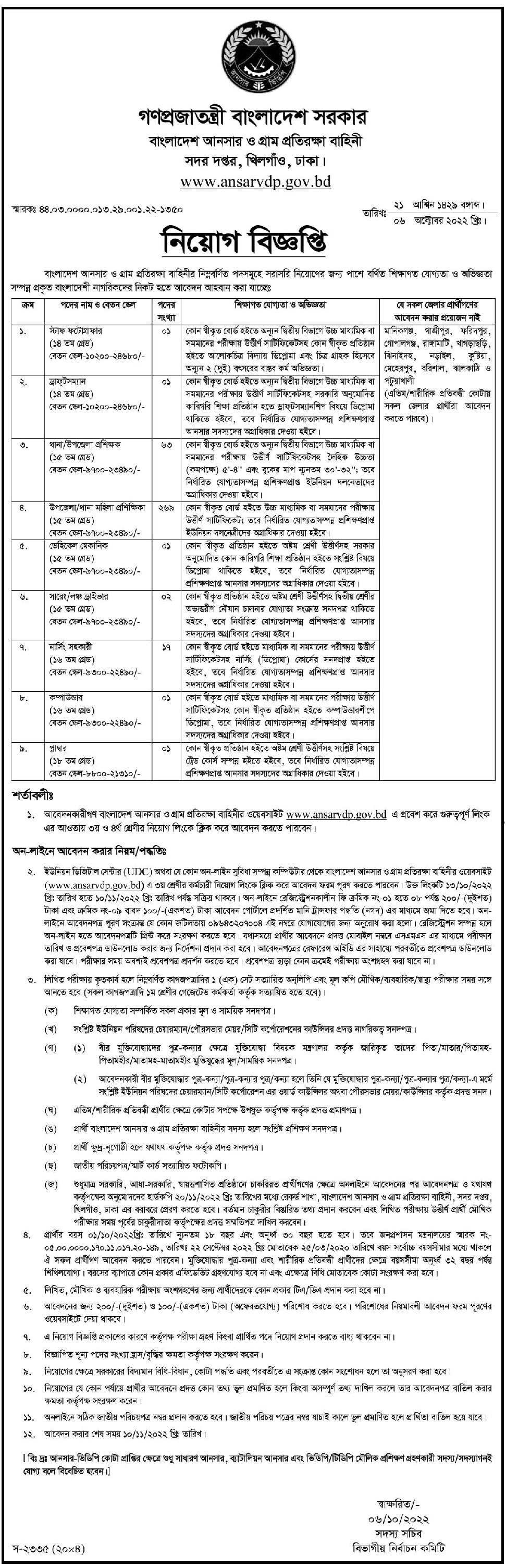 Bangladesh Ansar VDP govt Job Circular 2022-(356 Vacancy) ansarvdp.gov.bd Apply online