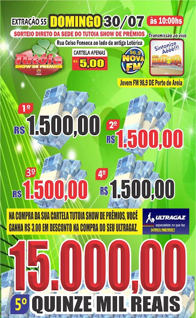 Compre já sua cartela TUTÓIA SHOW DE PRÊMIO.Com a sua 55° Extração e venha ganhar!