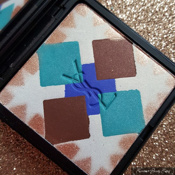 close up of Moroccan inspired tile design powder eye palette in rich bronze and blue shades for summer