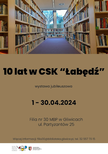 Plakat promujący spotkanie. U góry zdjęcie biblioteki w CKS Łabędź.