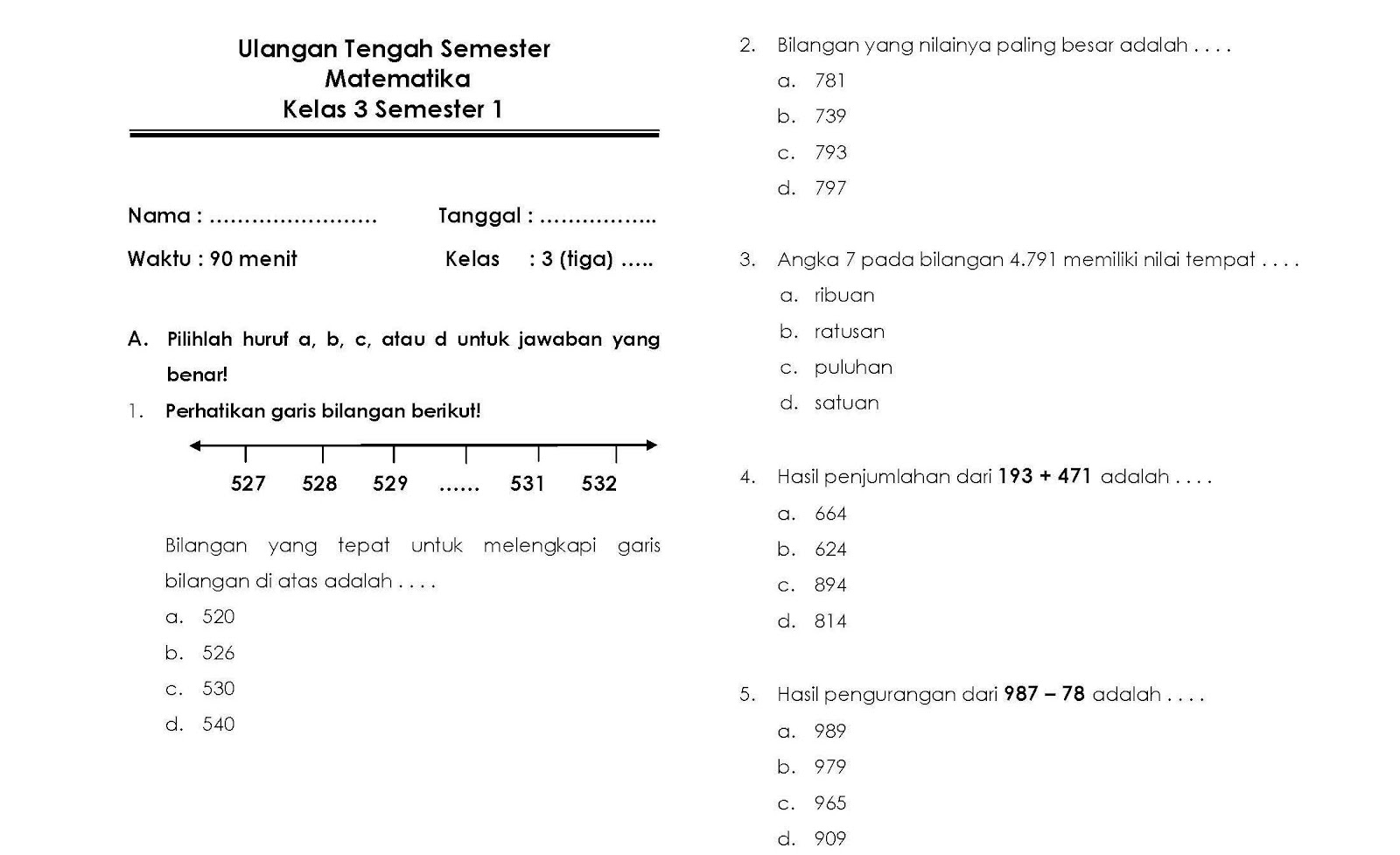 Soal Uts Pelajaran Matematika Kelas 3 Sd Mi Semester 1