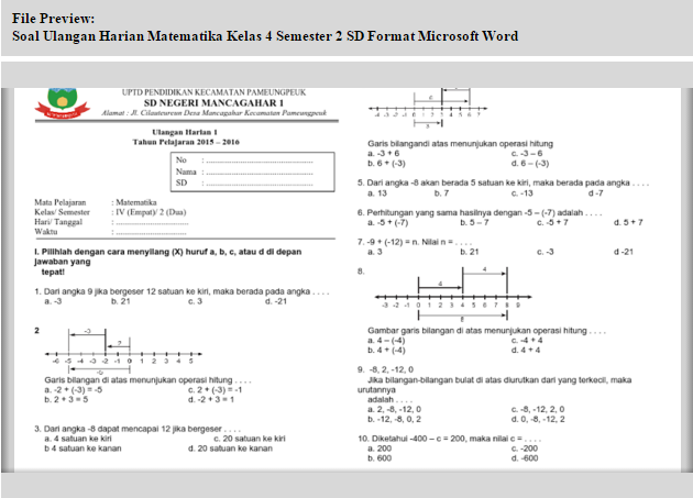 Soal Ulangan Harian Matematika Kelas 4 Semester 2 Terbaru Tahun 2019 Dunia Edukasi