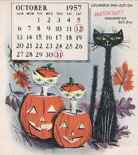 The same design from above with duller colors. the calendar layout is for October 1957 instead, and October 12th is circled in addition to halloween. In addition to the text shown on the above edited image, it also states "Columbus Day- October 12th"