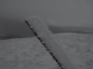 Rime on a fence post near Meall Garbh